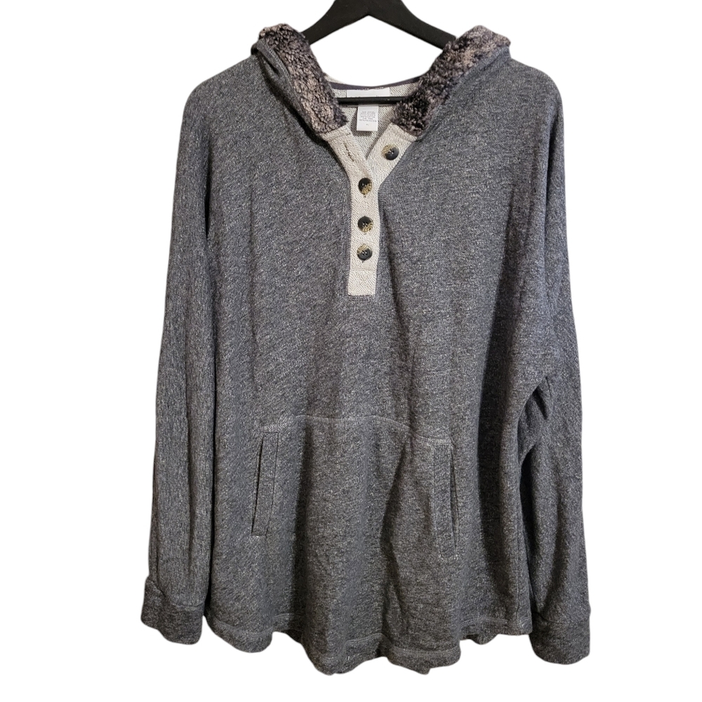 Soft Surroundings Faux Fur Trim Gray Henley Top